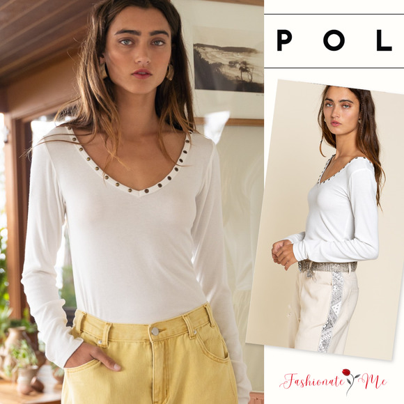 POL Tops - POL Long Sleeves V-Neckline Studded Detail Ribbed Tee Top in Ivory